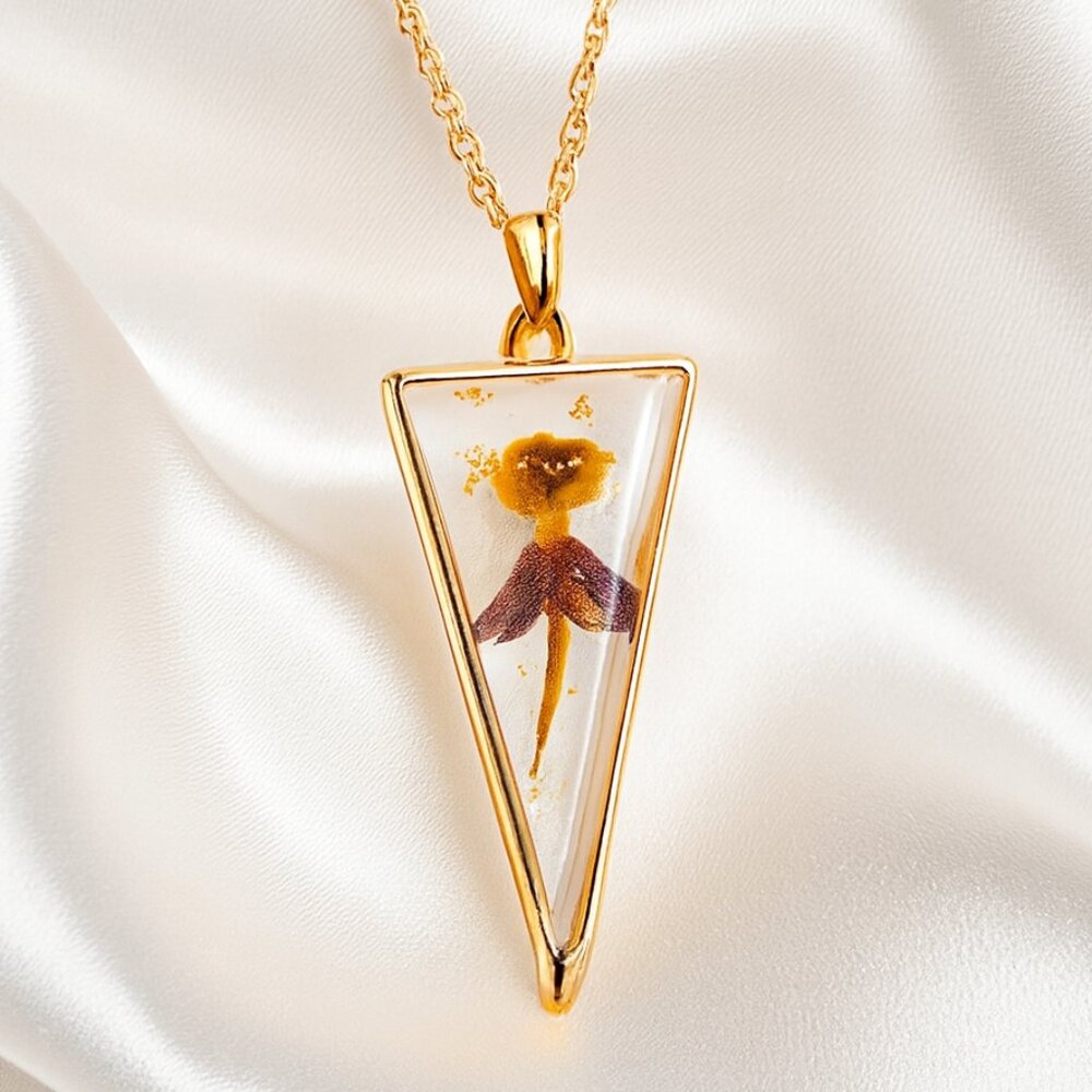 Gold Triangle Resin Pendant Necklace w' Preserved Yellow Flower - Women Jewelry